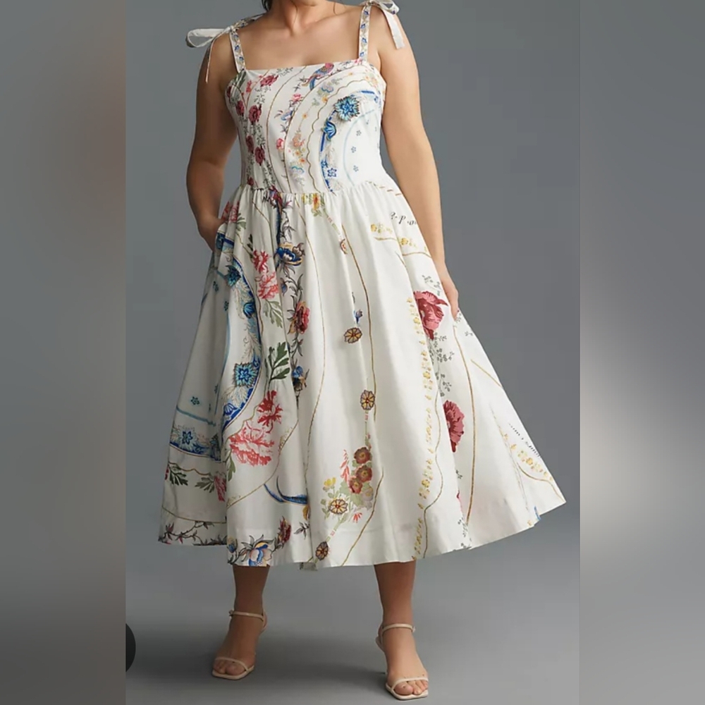 Anthropologie Maeve Tie-Strap Printed Midi Dress
